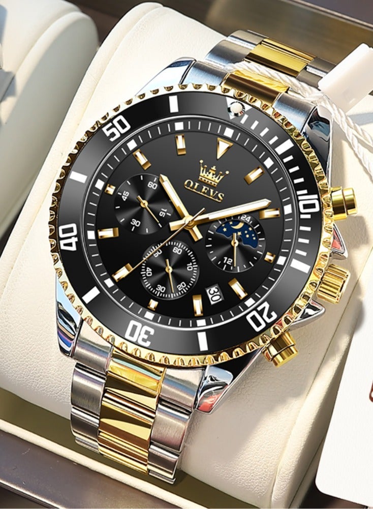 أوليفز ساعات رجالية كوارتز مقاومة للماء 42 مم OLEVS 2870 ذهبي/أسود - Image 1